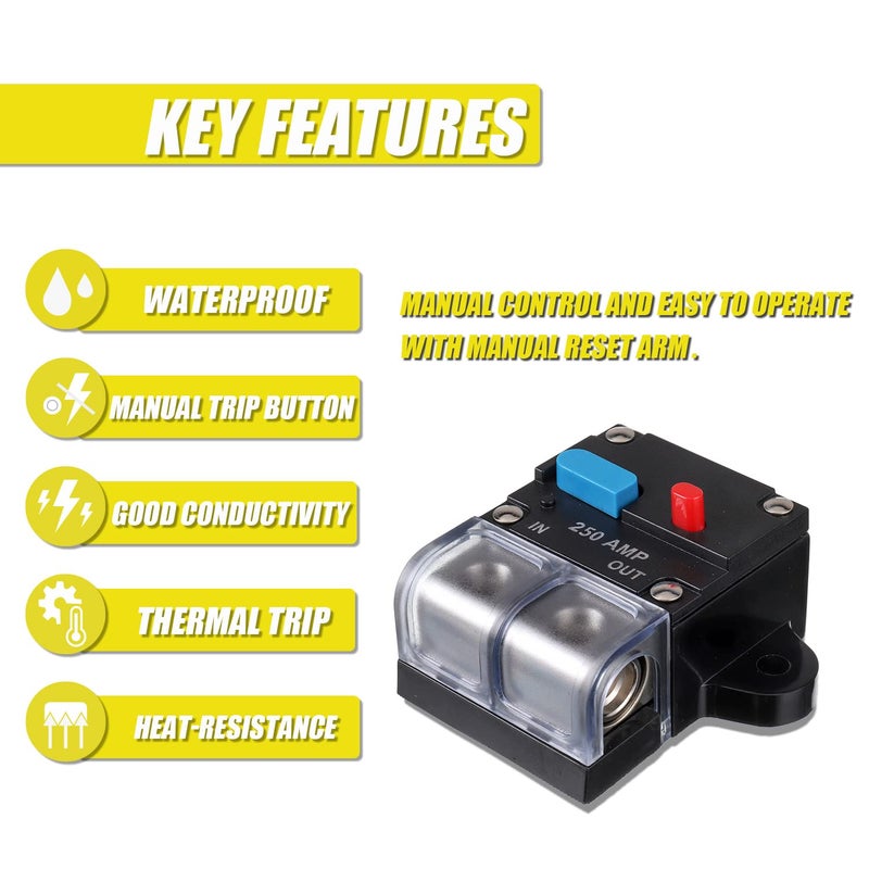 EPLZON 250A Resettable Circuit Breaker - 250 Amp Self Recovery with Manual Reset Button for Car Audio & Amps Protection - Image 4